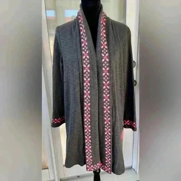 J Jill Med open style embroidered duster sweater jacket dark, gray, beautiful - Picture 2 of 9